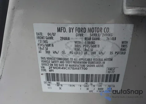 2007 Ford Edge Sel Plus from USA, damaged, VIN 2FMDK49CX7BA97700